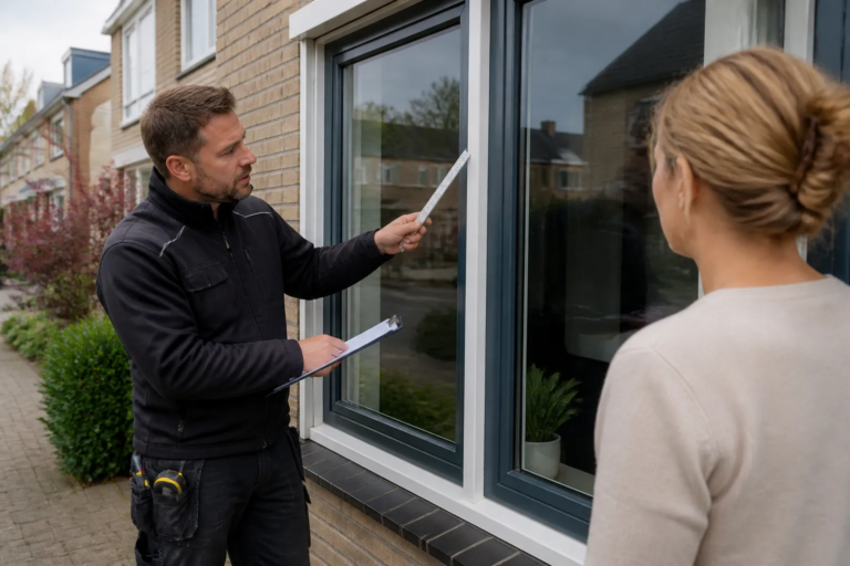 monteur inspecteert buiten een kunststof kozijn met meetlat en notitieblok bij een rijtjeshuis