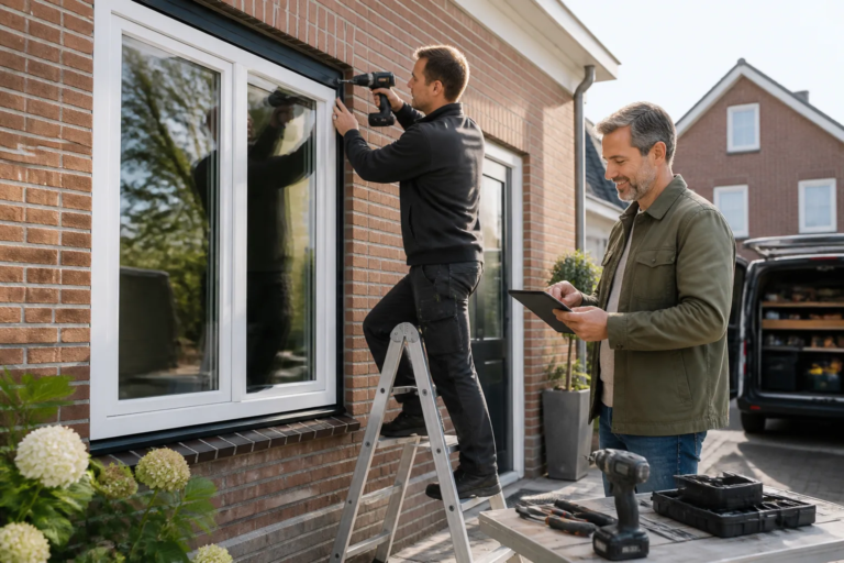 monteur op trap bij kunststof kozijn terwijl klant buiten op tablet de kozijnservice bevestigt