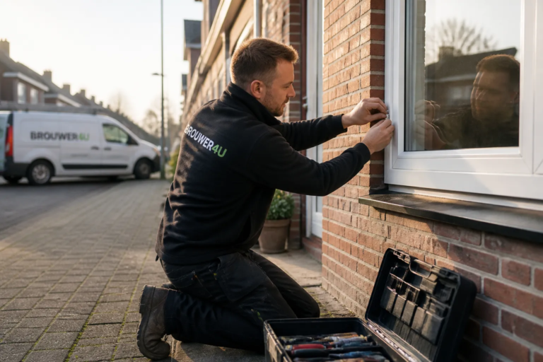 monteur stelt kunststof kozijn af bij hoekwoning in woonwijk in steenwijk