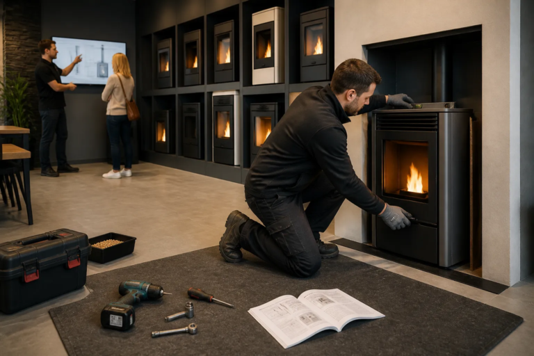 installateur monteert een brandende pelletkachel in een showroomwand met meerdere kachels en gereedschap op de voorgrond