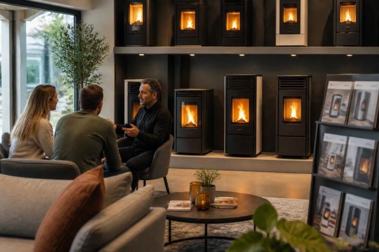 showroomwand met verschillende brandende pelletkachels en een adviseur die een stel helpt bij hun keuze